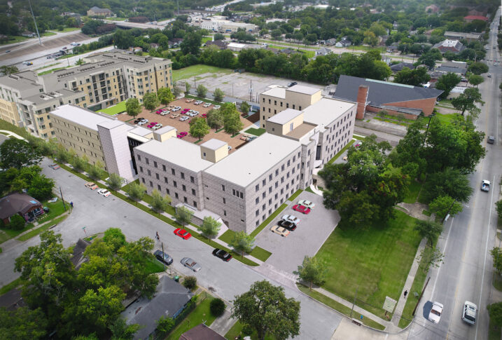 adaptive re-use hospital to affordable housing, aerial rendering<br /><small>VMWP</small>
