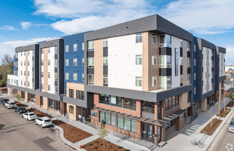 mixed-use housing the rose on colfax corner shot<br /><small>Credit: Apartments.com</small>