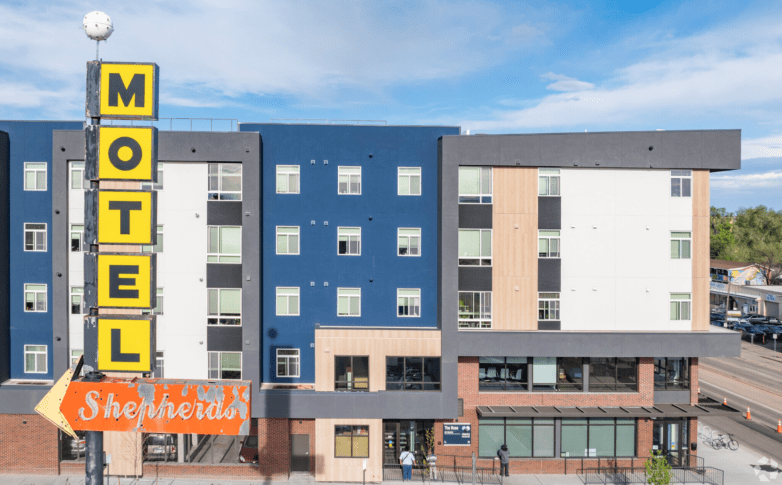 mixed-use housing the rose on colfax facade<br /><small>Credit: Apartments.com</small>