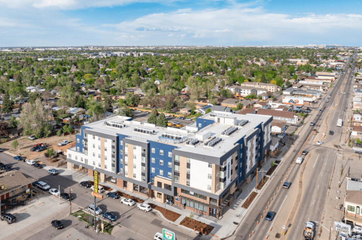 mixed-use housing the rose on colfax aerial corner<br /><small>Credit: Apartments.com</small>