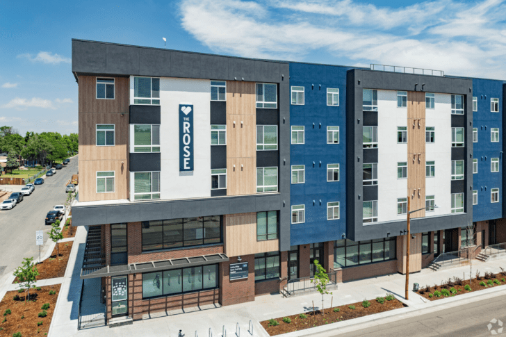 mixed-use housing the rose on colfax signage<br /><small>Credit: Apartments.com</small>