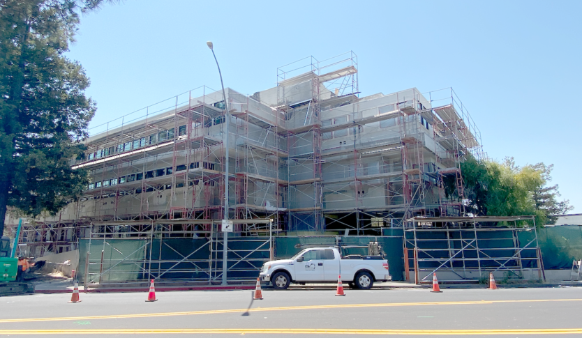 adaptive re-use, office conversion, 3301 Kerner, under construction, exterior corner scaffolding<br /><small></small>