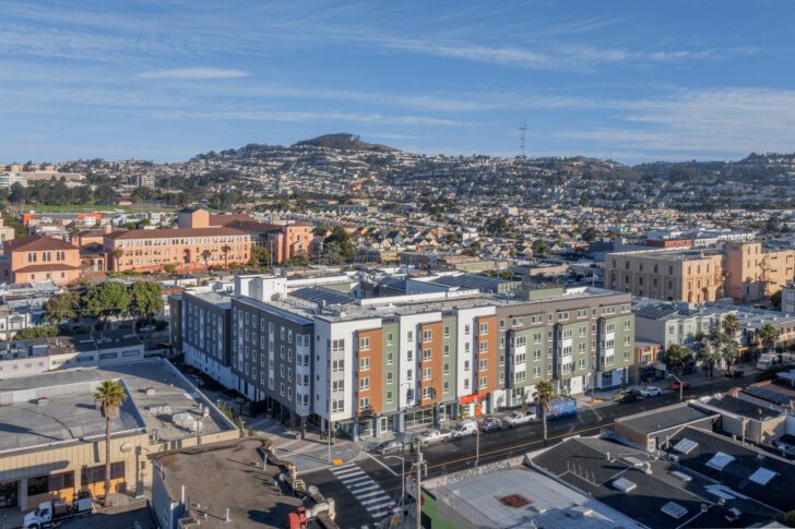 Aerial shot, 4840 Mission Street, Affordable Family Housing, VMWP, Islais Place<br /><small>Photography: Keith Baker</small>