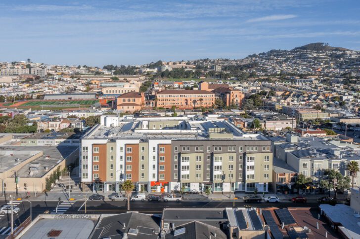 Balboa High School, Aerial shot, 4840 Mission Street, Affordable Family Housing, VMWP, Islais Place<br /><small>Photography: Keith Baker</small>