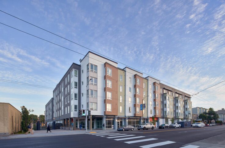 Affordable Family Housing, Corner shot, 4840 Mission Street, Excelsior Housing, VMWP, Islais Place<br /><small>Photography: Keith Baker</small>