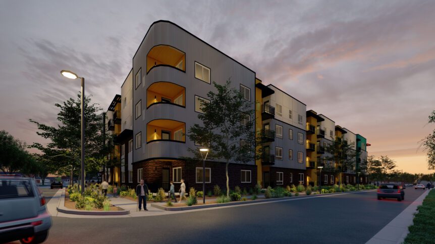 rendering of JOLIET NORTH CORNER DUSK infill housing development<br /><small></small>